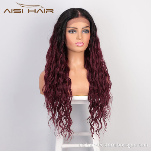 Aisi Hair Topselling 26 Inch Long Wavy Ombre Red Color Wig Body Wave Swiss Lace Wig Synthetic Lace Frontal Wigs For Black Women